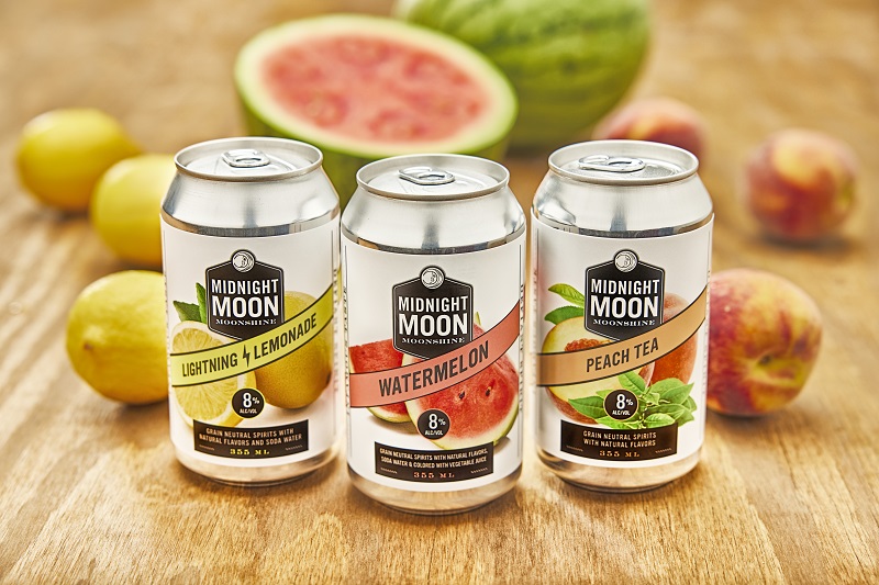 Midnight Moon Moonshine Canned Cocktails:  Lightning Lemonade, Watermelon, and Peach Tea.